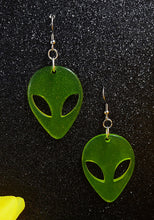 Load image into Gallery viewer, Green Alien Head Dangle Earrings

