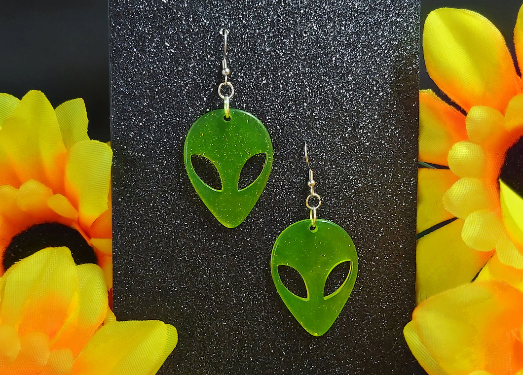 Green Alien Head Dangle Earrings